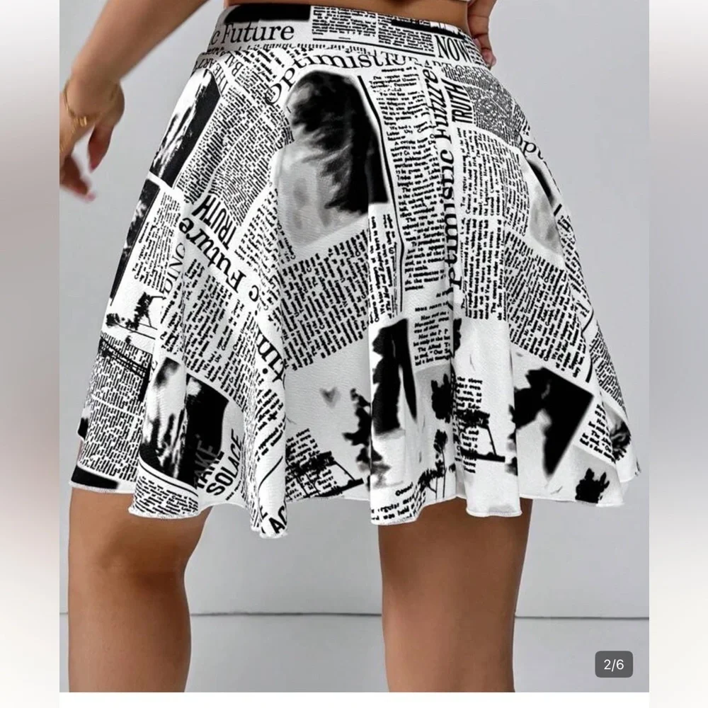 XL SHEIN Newspaper Print Black & White Skater Skirt built in shorts
